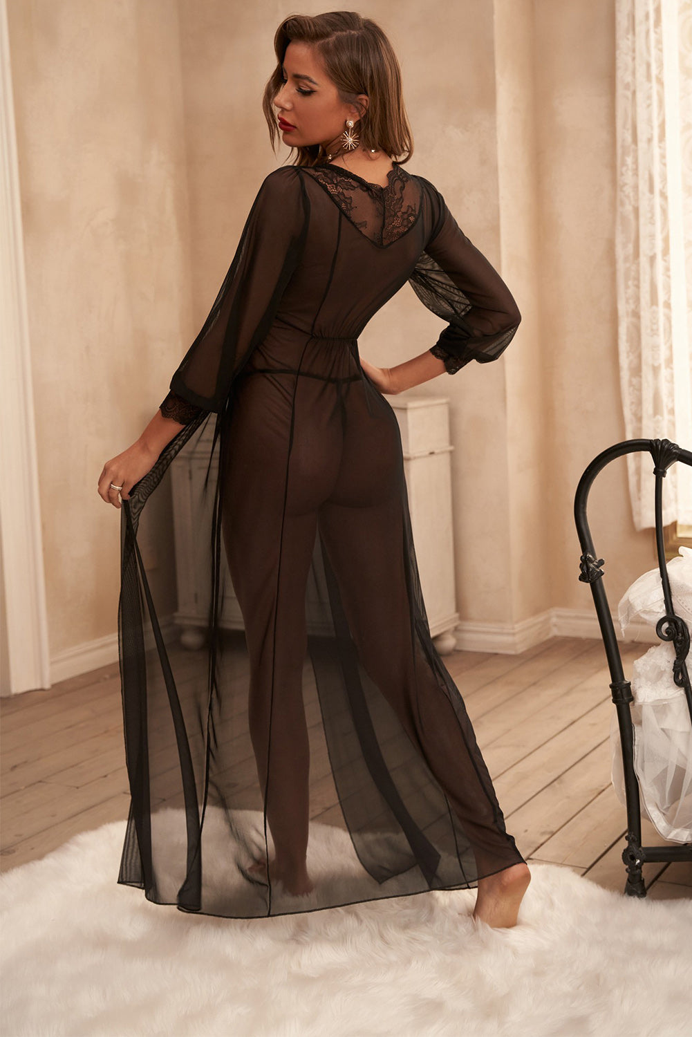 Ladies Black Sheer Long Sleeve Lace Robe with Thong