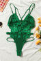 Ladies Hunter Green Lace,  Satin , Mesh Teddy with Front Detail at Bust