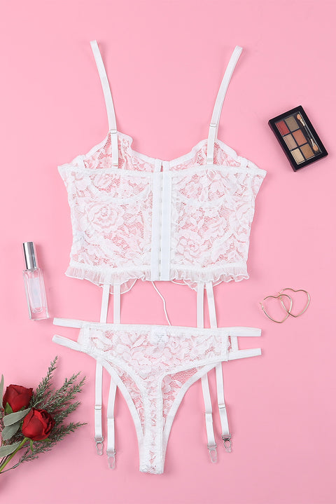 Ladies Sexy White Lace Bustier with Garters and Matching Panty