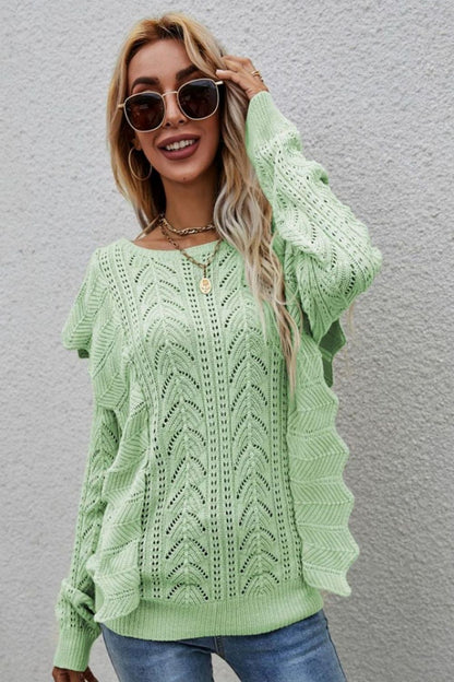 Openwork Round Neck Ruffled Sweater