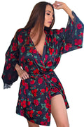 Ladies Sexy Satin Rose Printed Kimono Night Robe.