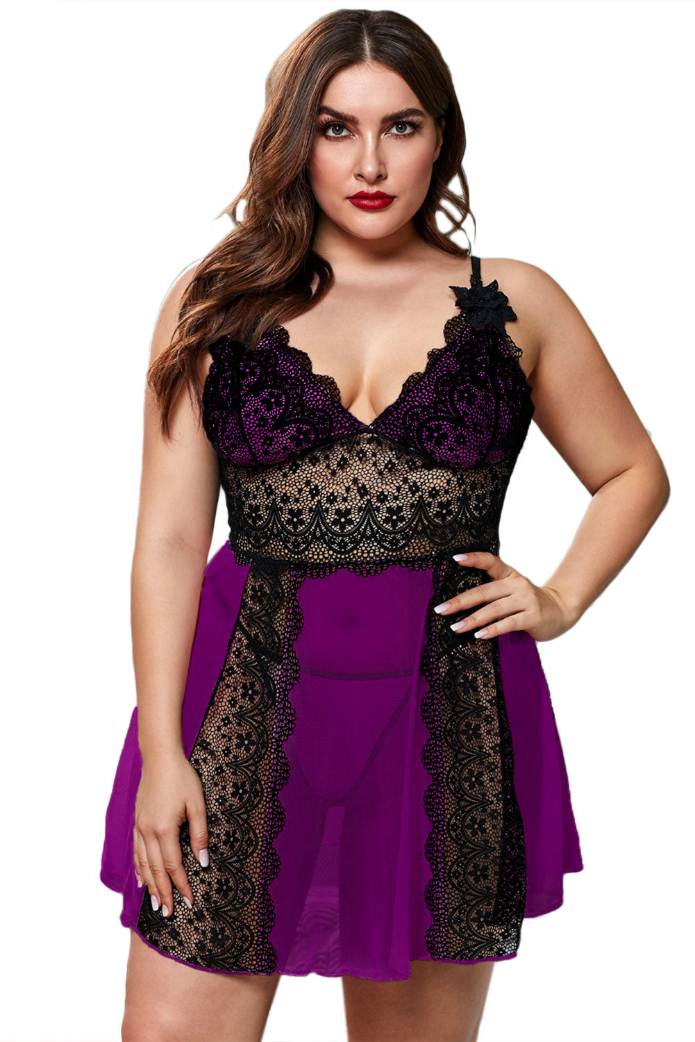 Plus Size Purple Pea Mesh with Black Lace Inserts Babydoll Chemise Flower Applique