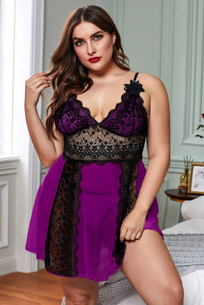 Plus Size Purple Pea Mesh with Black Lace Inserts Babydoll Chemise Flower Applique