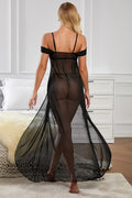 Ladies Black Sheer Sexy Long Off The Shoulder Gown with Front Flyaway Opening