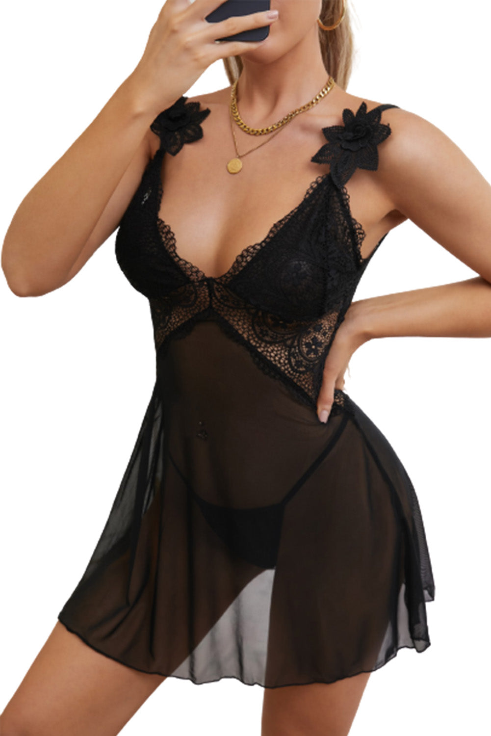 Ladies Sexy Black Pea Mesh Babydoll with Low Back Detail Lace Contrast