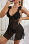 Ladies Sexy Black Pea Mesh Babydoll with Low Back Detail Lace Contrast