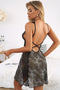 Ladies Sexy Leopard with  Lace Inserts  V Neck Backless Babydoll Set