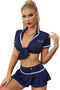 Ladies Sexy Blue Crop Top and Pleated Skirt Policewoman Costume Cosplay
