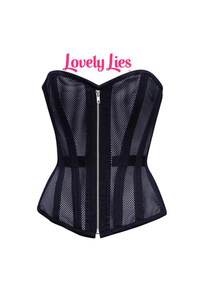 Sexy Ladies Mesh Strapless Front Zip Corset w/ Wire Boning In Black Or White Lace Back