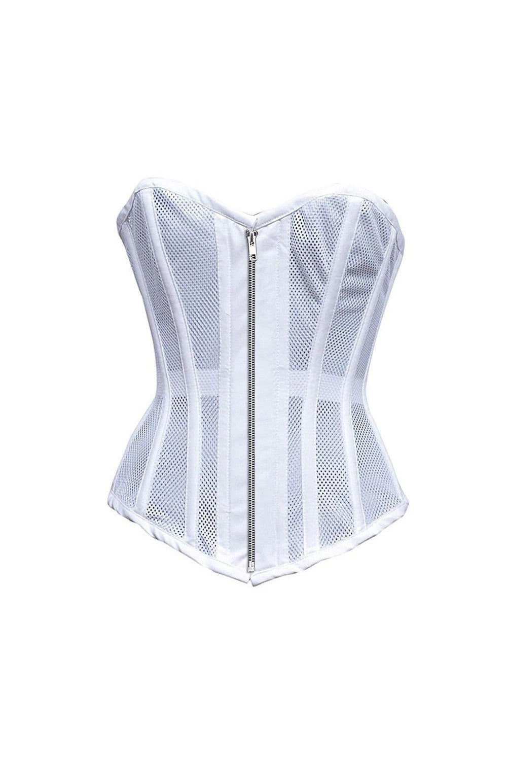 Sexy Ladies Mesh Strapless Front Zip Corset w/ Wire Boning In Black Or White Lace Back