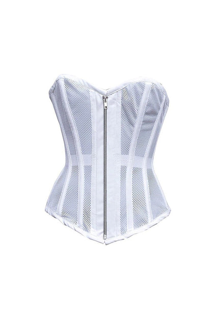 Sexy Ladies Mesh Strapless Front Zip Corset w/ Wire Boning In Black Or White Lace Back