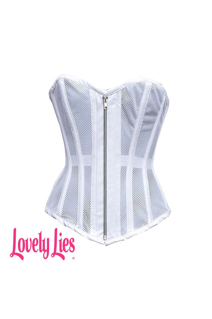 Sexy Ladies Mesh Strapless Front Zip Corset w/ Wire Boning In Black Or White Lace Back