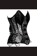 Ladies Black Vegan Leather Goth Tapestry Front Zip w/ Buckles Wire Metal Corset