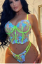 Ladies Sexy Neon Blue and Yellow Floral Embroidery Corset Bra with Matching Thong
