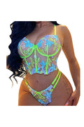 Ladies Sexy Neon Blue and Yellow Floral Embroidery Corset Bra with Matching Thong