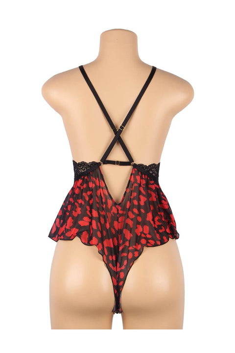 Ladies Sexy Lace Floral Print Plunge Neck Teddy