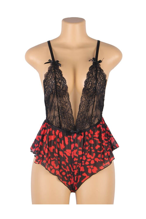 Ladies Sexy Lace Floral Print Plunge Neck Teddy