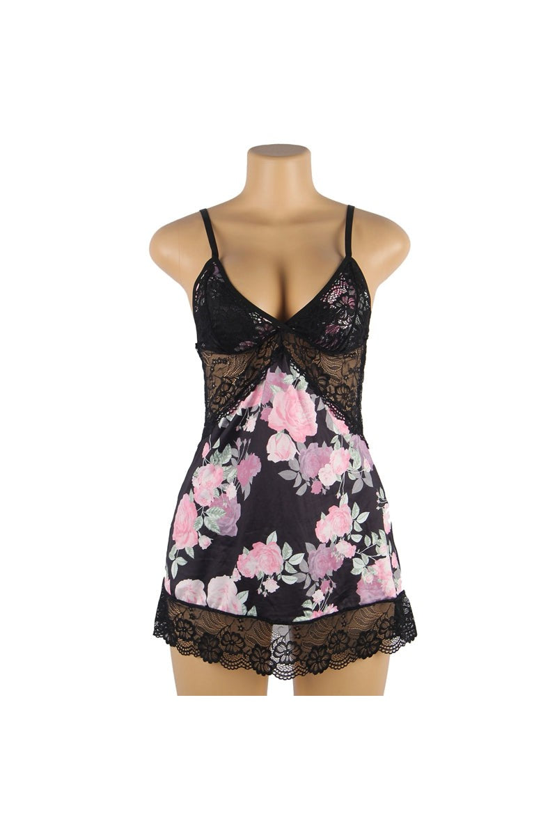 Ladies Black Floral Chemise with Lace Trim