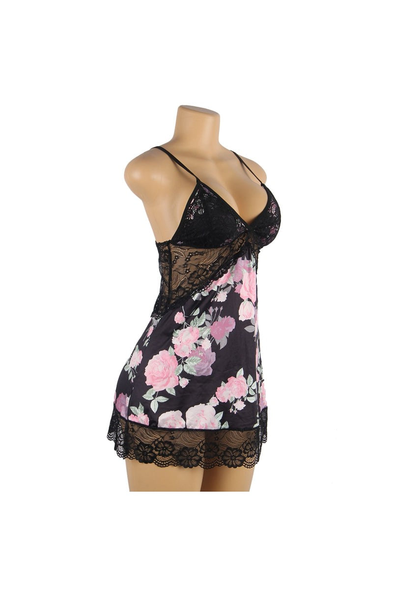 Ladies Black Floral Chemise with Lace Trim