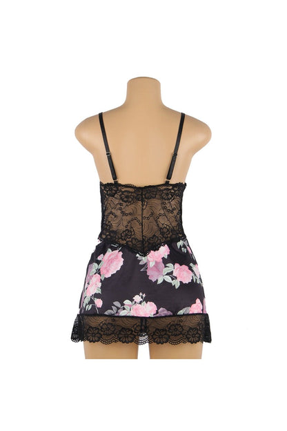 Ladies Black Floral Chemise with Lace Trim